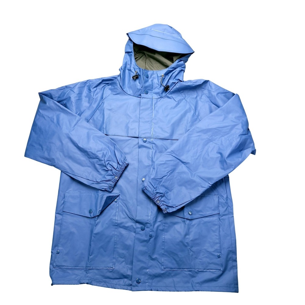 Vintage L.L. Bean Rain Coat Mens L Blue Hooded PVC Waterproof Jacket Outdoor
